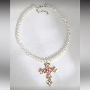 Elegant Pearl Necklace with Gold and Pink Cross Pendant